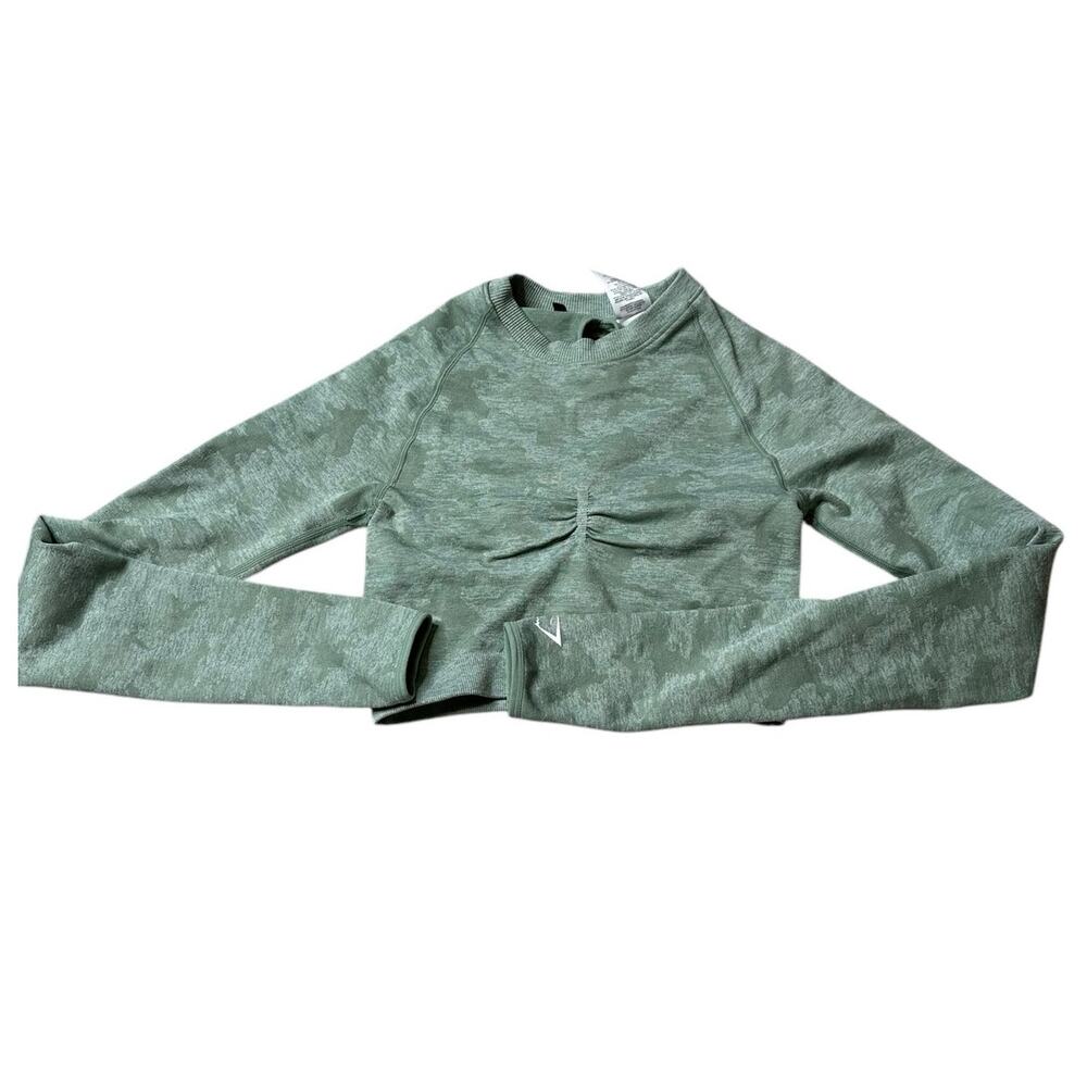 GYMSHARK Adapt Camo‎ Seamless Long Sleeve Cropped Top Women's Size Small Green